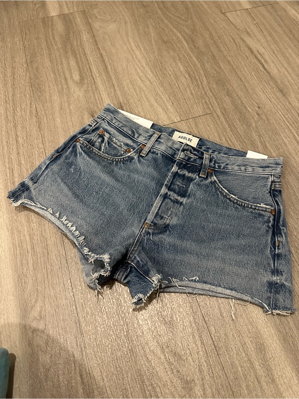 Agolde Parker Short- Medium Blue Distressed High-Rise Denim Shorts